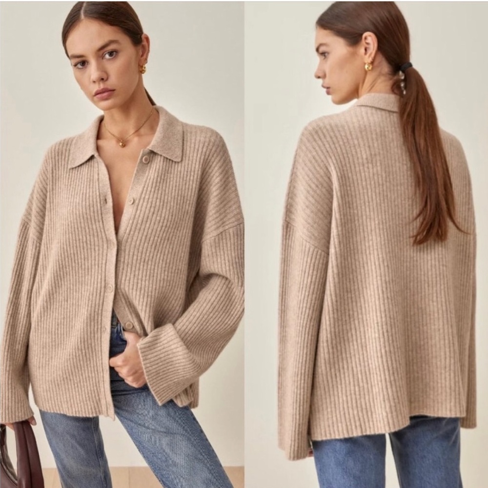 Reformation Fantino Oatmeal 100% Cashmere Oversized Collard Sweaters M